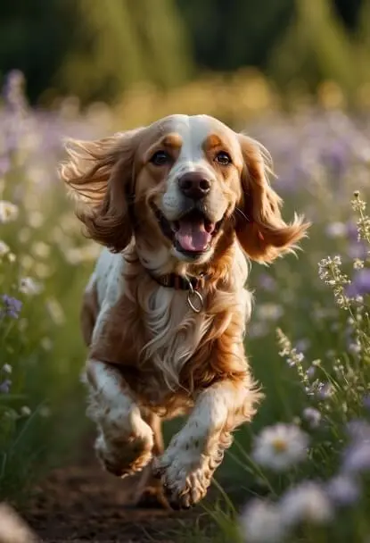 Um alegre Cocker Spaniel marrom corre pelo campo florido, com suas orelhas balançando ao ritmo de sua felicidade contagiante.