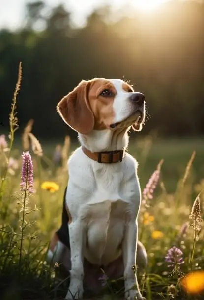 Um Beagle com coleira marrom está sentado, olhando seriamente para o lado. O fundo desfocado destaca sua postura nobre e o olhar pensativo.